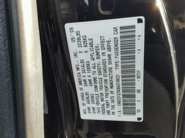 1HGCS12749A019621 - 2009 HONDA ACCORD EX BLACK photo 10