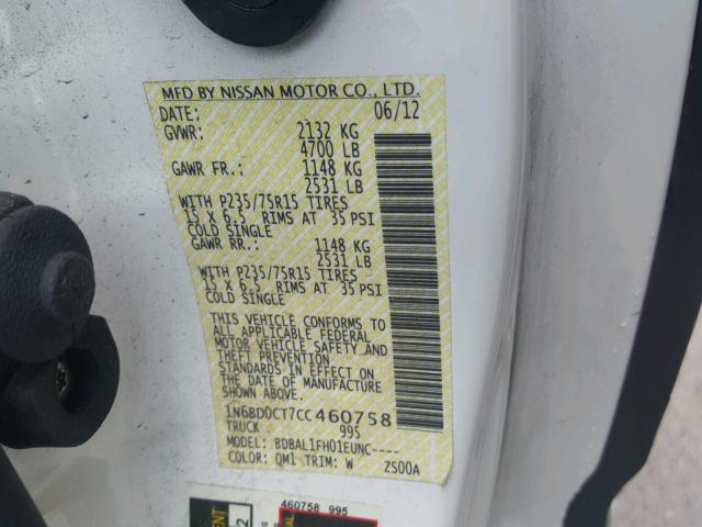 1N6BD0CT7CC460758 - 2012 NISSAN FRONTIER S WHITE photo 10