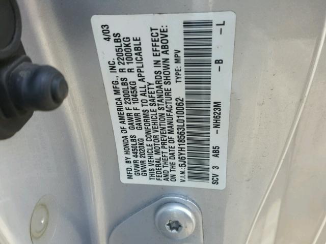 5J6YH18563L010062 - 2003 HONDA ELEMENT EX GRAY photo 10