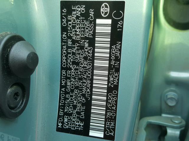 JTDKARFU0G3017443 - 2016 TOYOTA PRIUS GREEN photo 10