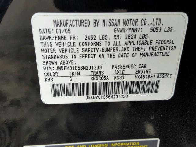 JNKBY01E56M201338 - 2006 INFINITI M45 BASE BLACK photo 10