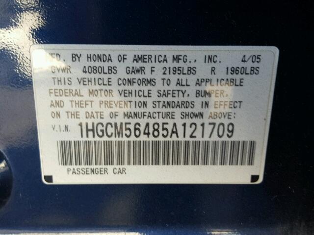 1HGCM56485A121709 - 2005 HONDA ACCORD LX BLUE photo 10