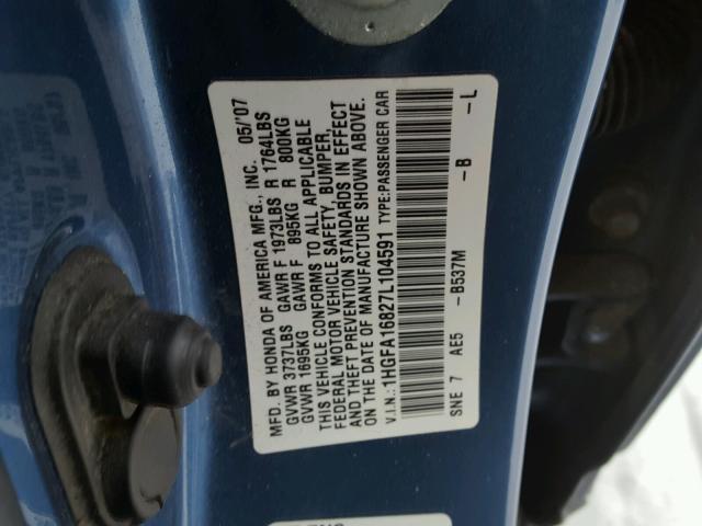 1HGFA16827L104591 - 2007 HONDA CIVIC EX BLUE photo 10