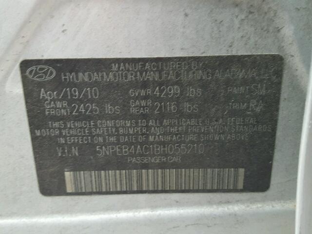 5NPEB4AC1BH055210 - 2011 HYUNDAI SONATA GLS SILVER photo 10