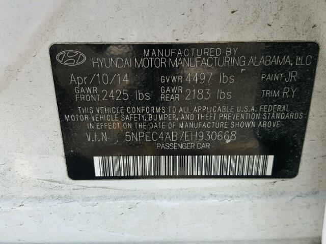 5NPEC4AB7EH930668 - 2014 HYUNDAI SONATA SE WHITE photo 10