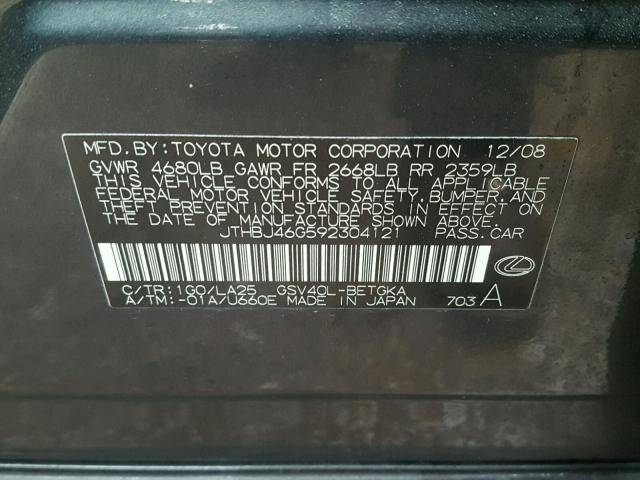 JTHBJ46G592304121 - 2009 LEXUS ES 350 GRAY photo 10