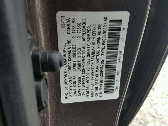 2HGFB2F5XDH582209 - 2013 HONDA CIVIC LX GRAY photo 10