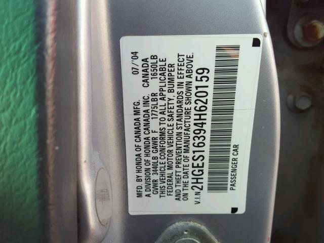 2HGES16394H620159 - 2004 HONDA CIVIC DX V SILVER photo 10