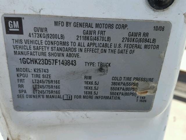 1GCHK23D57F149843 - 2007 CHEVROLET SILVERADO WHITE photo 10