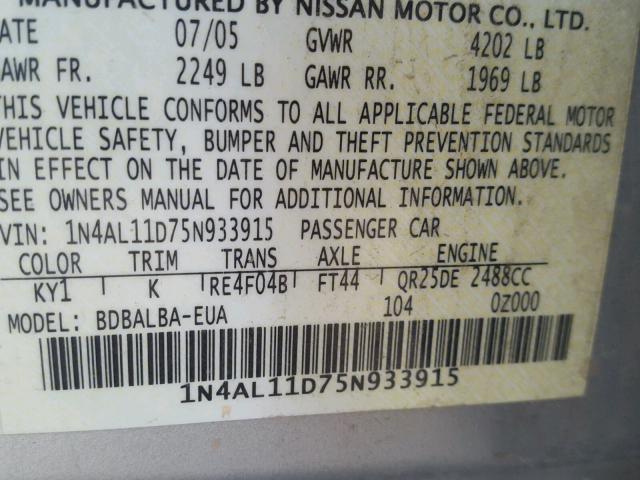 1N4AL11D75N933915 - 2005 NISSAN ALTIMA S SILVER photo 10