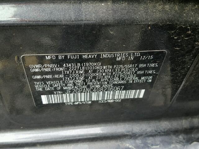 JF2GPANC4G8236067 - 2016 SUBARU CROSSTREK GRAY photo 10