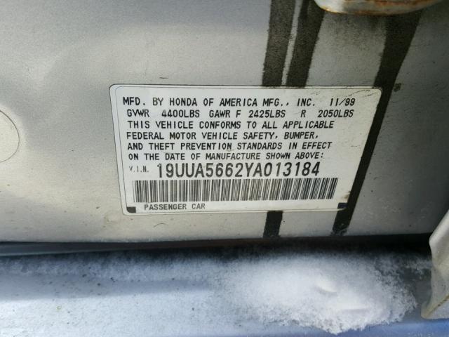 19UUA5662YA013184 - 2000 ACURA 3.2TL SILVER photo 10