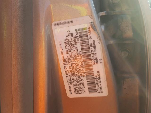 2T1BR12E42C539601 - 2002 TOYOTA COROLLA CE TAN photo 10