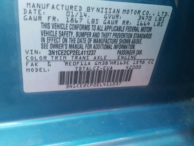 3N1CE2CP2EL411237 - 2014 NISSAN VERSA NOTE BLUE photo 10