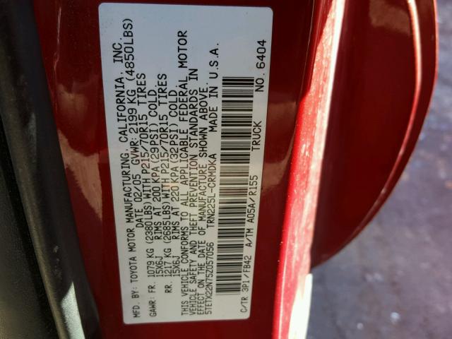 5TETX22N75Z057056 - 2005 TOYOTA TACOMA ACC RED photo 10