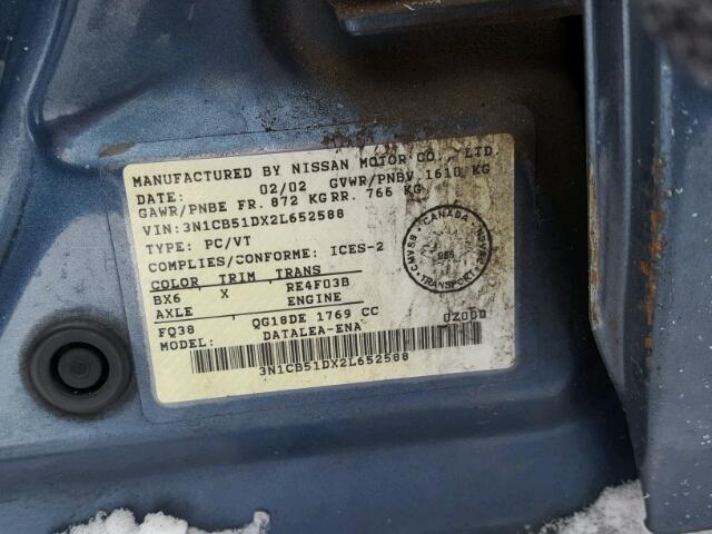 3N1CB51DX2L652588 - 2002 NISSAN SENTRA XE BLUE photo 10