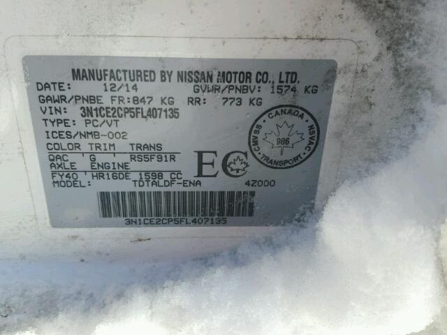 3N1CE2CP5FL407135 - 2015 NISSAN VERSA NOTE WHITE photo 10