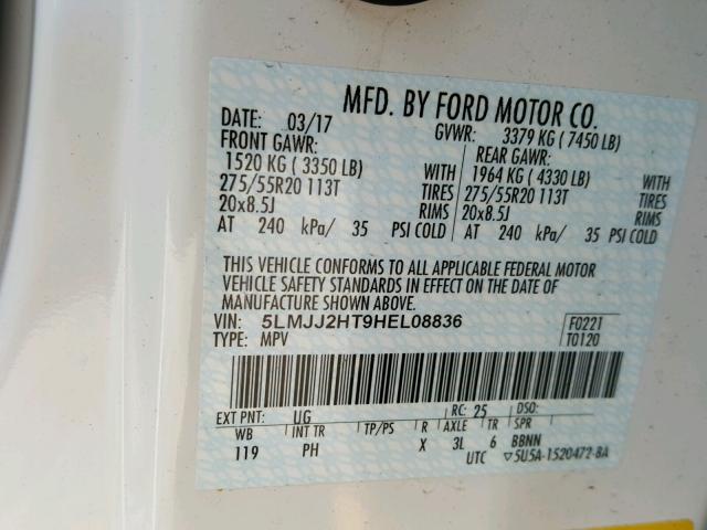 5LMJJ2HT9HEL08836 - 2017 LINCOLN NAVIGATOR Biały zdjęcie 10