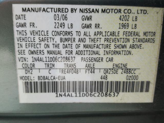 1N4AL11D06C208637 - 2006 NISSAN ALTIMA S GREEN photo 10