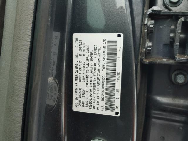 1HGCP25389A098341 - 2009 HONDA ACCORD LX GRAY photo 10