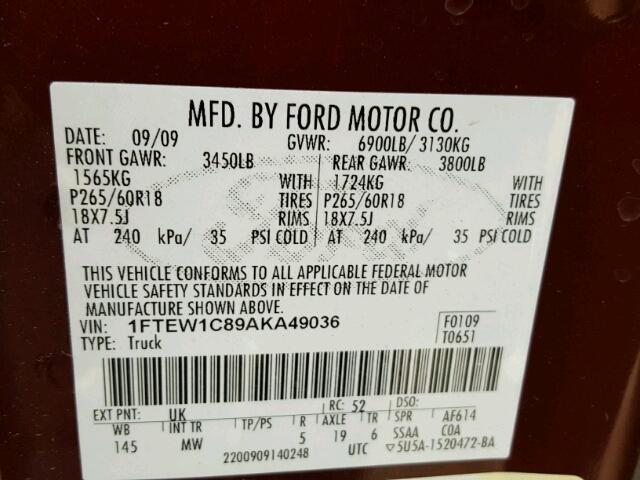 1FTEW1C89AKA49036 - 2010 FORD F150 SUPER MAROON photo 10