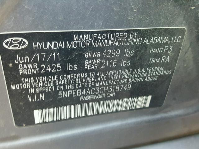 5NPEB4AC3CH318749 - 2012 HYUNDAI SONATA GLS GRAY photo 10