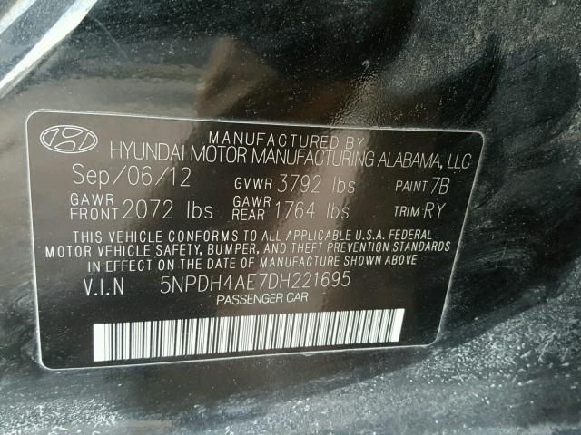 5NPDH4AE7DH221695 - 2013 HYUNDAI ELANTRA GL BLACK photo 10