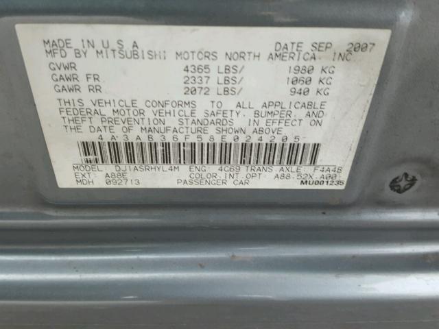 4A3AB36F58E024205 - 2008 MITSUBISHI GALANT ES GRAY photo 10