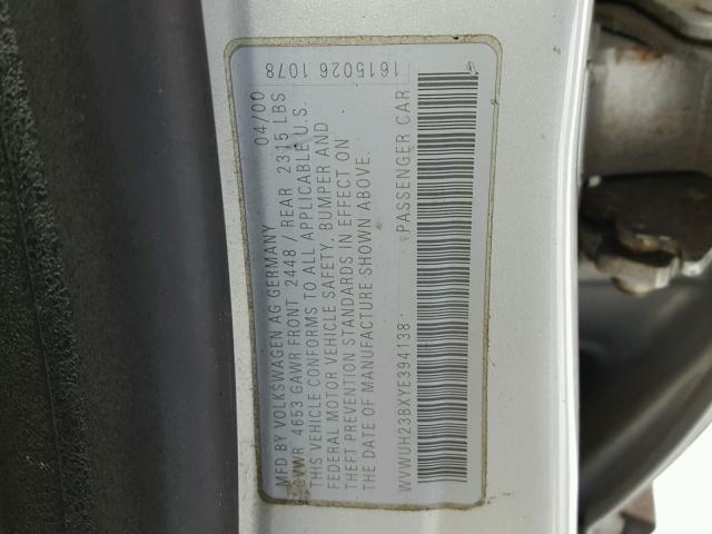 WVWUH23BXYE394138 - 2000 VOLKSWAGEN PASSAT GLX GRAY photo 10