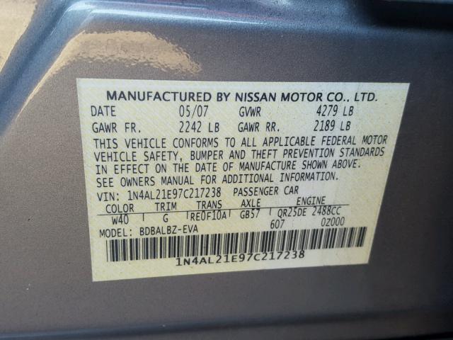 1N4AL21E97C217238 - 2007 NISSAN ALTIMA 2.5 GRAY photo 10