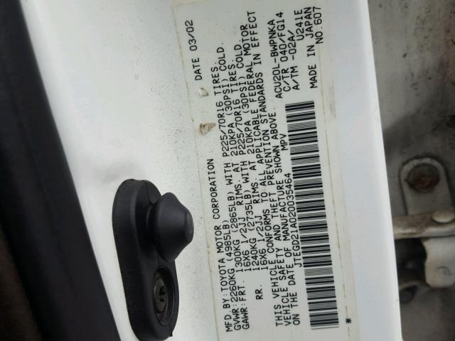 JTEGD21A020035464 - 2002 TOYOTA HIGHLANDER WHITE photo 10