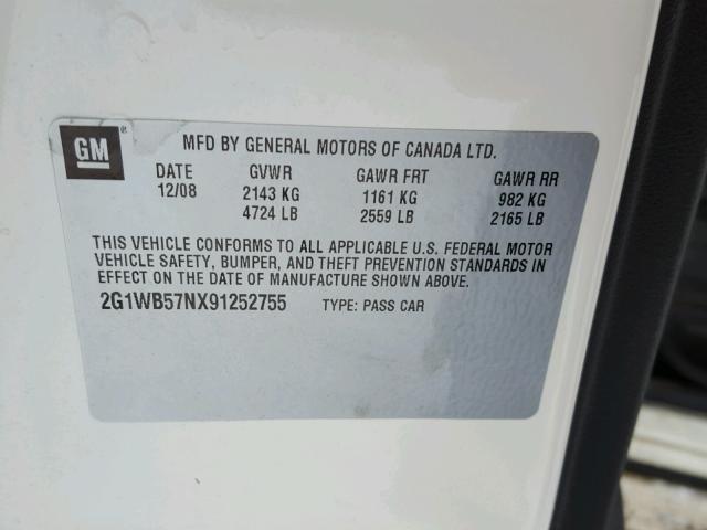 2G1WB57NX91252755 - 2009 CHEVROLET IMPALA LS WHITE photo 10