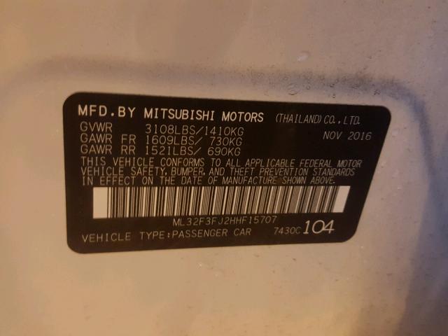 ML32F3FJ2HHF15707 - 2017 MITSUBISHI MIRAGE G4 WHITE photo 10