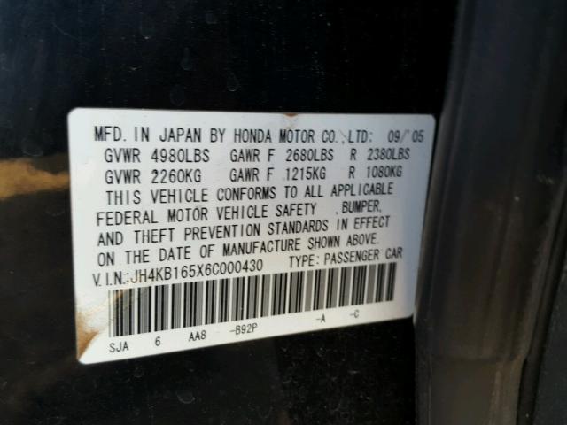 JH4KB165X6C000430 - 2006 ACURA RL შავი ფოტო 10