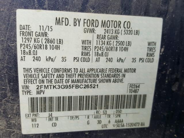 2FMTK3G95FBC26521 - 2015 FORD EDGE SE BLUE photo 10