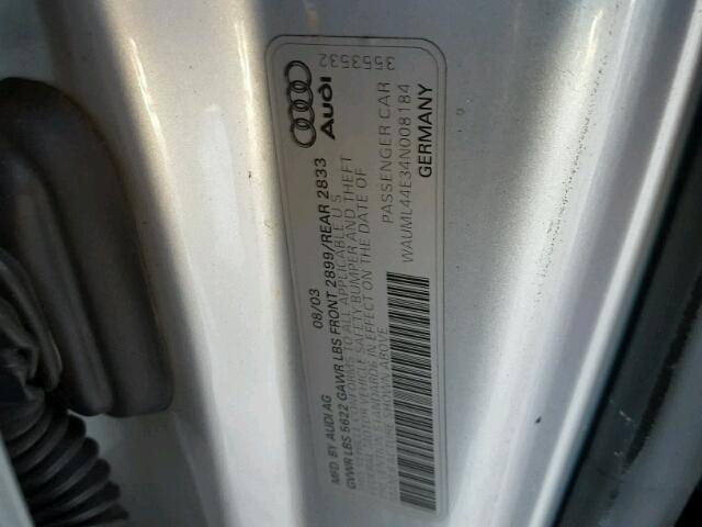 WAUML44E34N008184 - 2004 AUDI A8 L QUATT SILVER photo 10