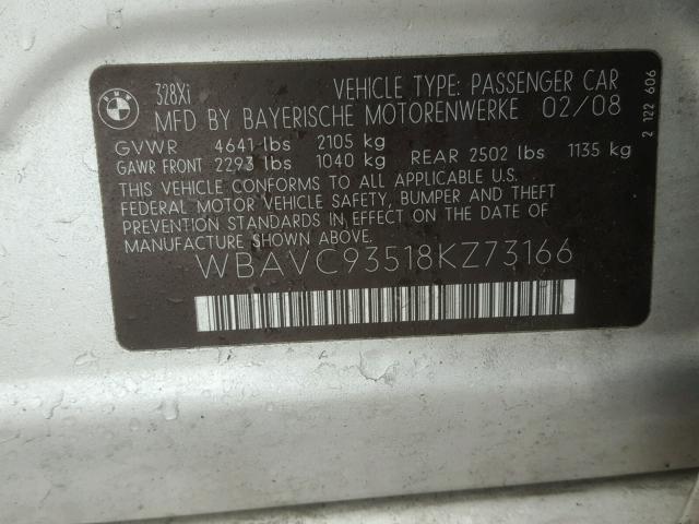 WBAVC93518KZ73166 - 2008 BMW 328 XI GRAY photo 10