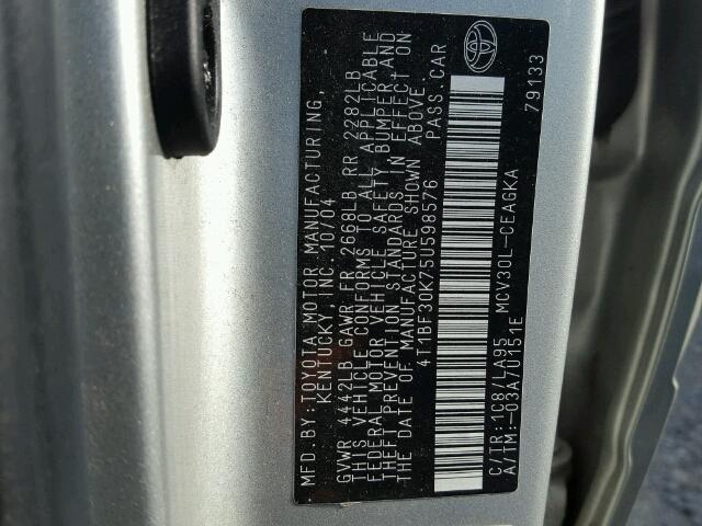 4T1BF30K75U598576 - 2005 TOYOTA CAMRY LE ვერცხლისფერი ფოტო 10