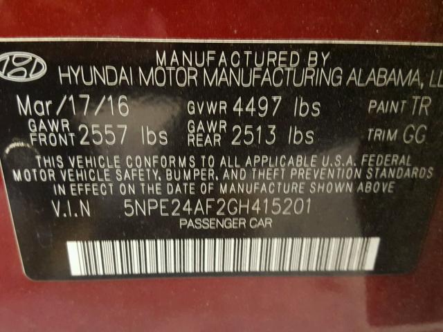 5NPE24AF2GH415201 - 2016 HYUNDAI SONATA SE RED photo 10