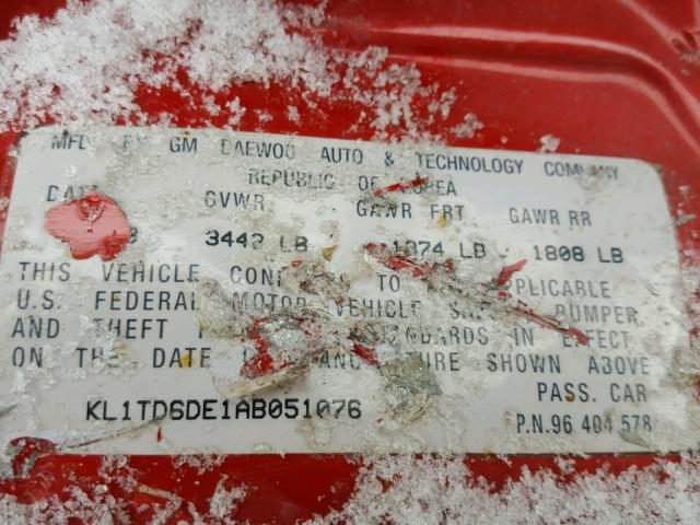 KL1TD6DE1AB051076 - 2010 CHEVROLET AVEO LS RED photo 10