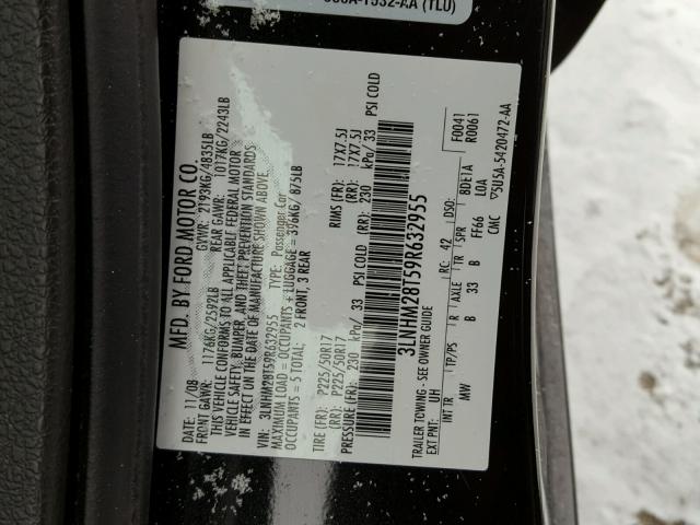 3LNHM28T59R632955 - 2009 LINCOLN MKZ BLACK photo 10