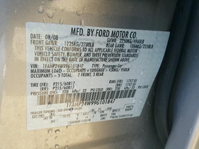 1FAHP24W99G101847 - 2009 FORD TAURUS SEL SILVER photo 10