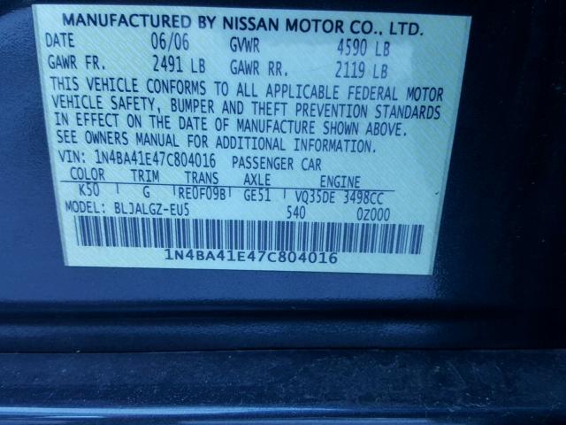 1N4BA41E47C804016 - 2007 NISSAN MAXIMA SE GRAY photo 10