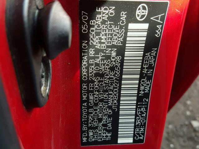 JTDKB20U277665498 - 2007 TOYOTA PRIUS RED photo 10