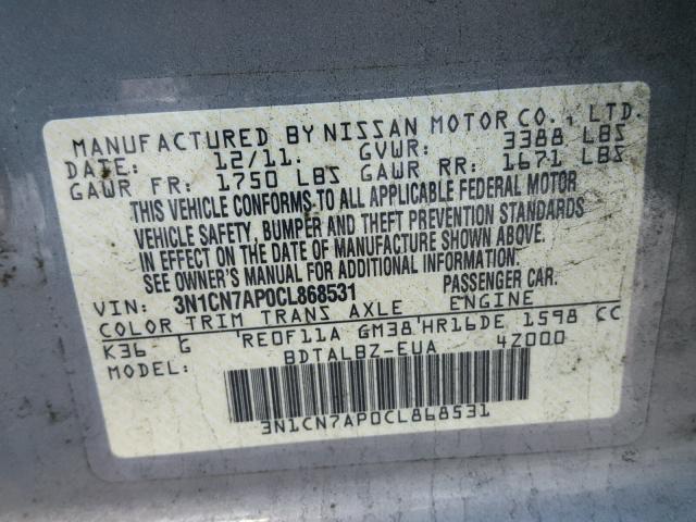 3N1CN7AP0CL868531 - 2012 NISSAN VERSA S SILVER photo 10