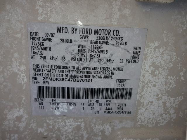 2FMDK38C47BB70121 - 2007 FORD EDGE SEL WHITE photo 10