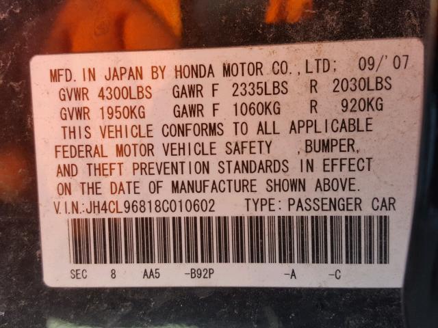 JH4CL96818C010602 - 2008 ACURA TSX BLACK photo 10