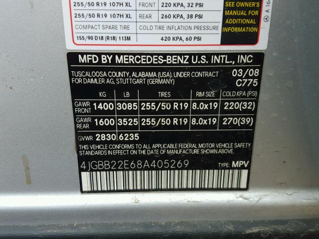 4JGBB22E68A405269 - 2008 MERCEDES-BENZ ML 320 CDI SILVER photo 10