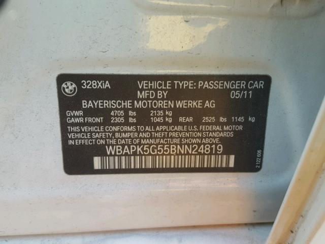 WBAPK5G55BNN24819 - 2011 BMW 328 XI SUL WHITE photo 10