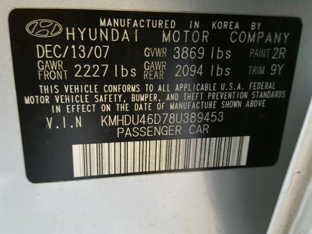 KMHDU46D78U389453 - 2008 HYUNDAI ELANTRA GL SILVER photo 10